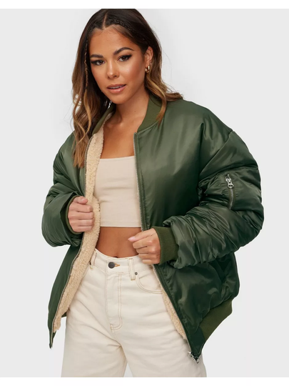 Missguided Reversable Oversized Borg Bomber Khaki
