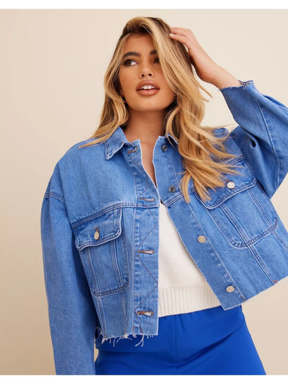 Missguided Pleat Back Oversized Denim Jacket Blue