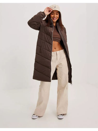 JdY Jdynewfinno Long Padded Jacket Otw Chocolate Brown Silver Zip