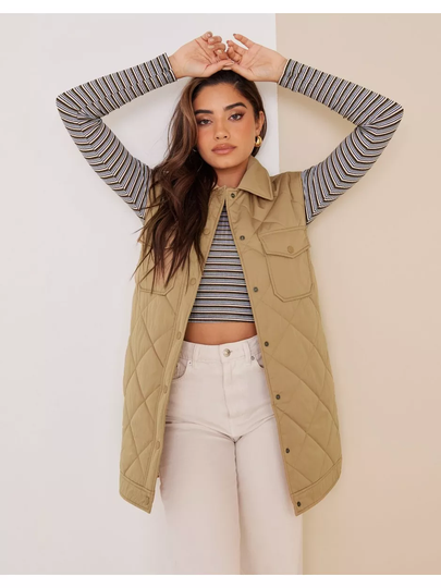 Selected Femme Slftinna Long Quilted Vest B Noos Tannin