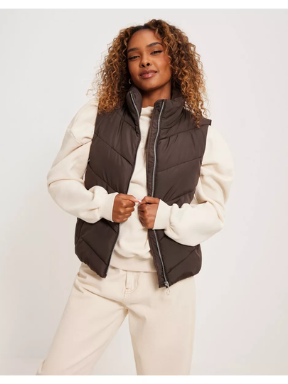 JdY Jdyfinno Short Padded Waistcoat Otw Chocolate Brown Silver Zip