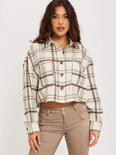 Gina Tricot - Syys- & Kevättakit - Brown Check - Ginnie short shacket - Takit