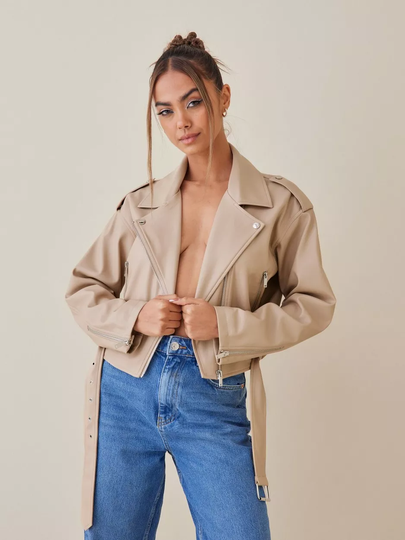 NLY Trend - Nahkatakit - Beige - Cropped Oversized Biker Jacket - Takit - leather Jackets