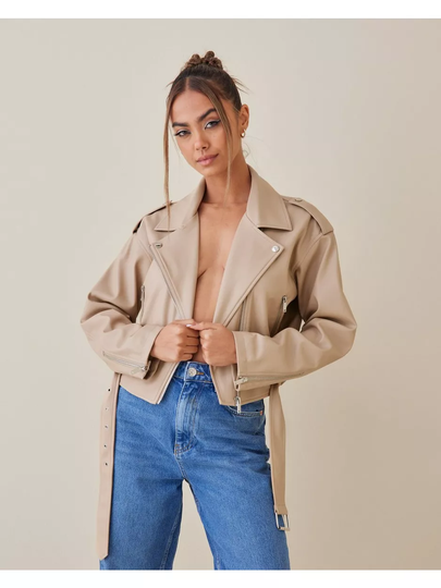 NLY Trend Cropped Oversized Biker Jacket Beige